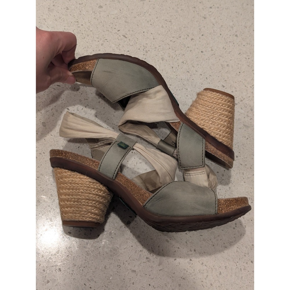 El Naturalista Block Heeled Sandals Ankle Strap Tan Fabric Green Leather  37 / 7 - Picture 5 of 11